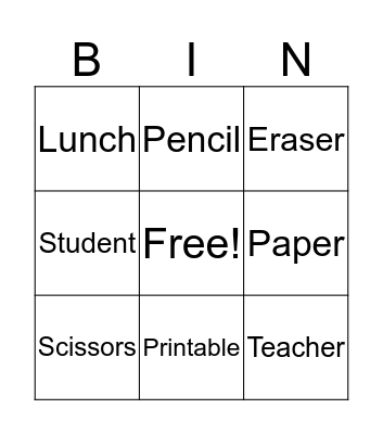 School Bingo Card