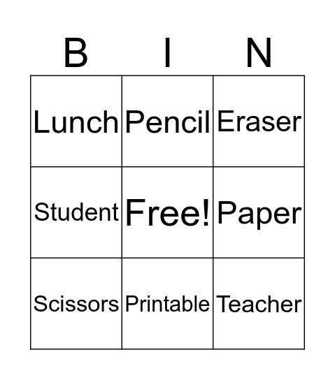 School Bingo Card