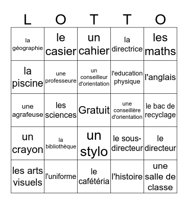 à l'école Bingo Card