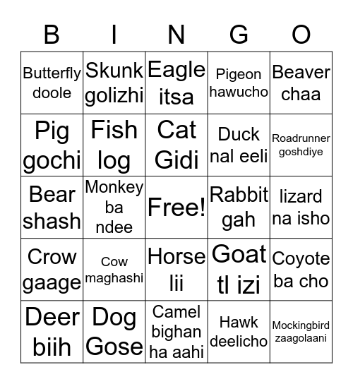 Apache Class - Animals Bingo Card