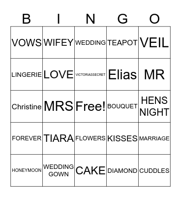 Christine's Bridal Shower Bingo Card