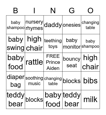 Prince Aiden Baby Shower Bingo Card
