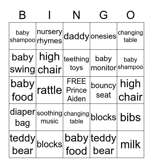 Prince Aiden Baby Shower Bingo Card