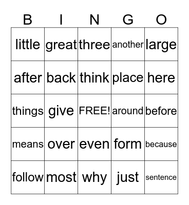 Fry's words 101- 165 Bingo Card