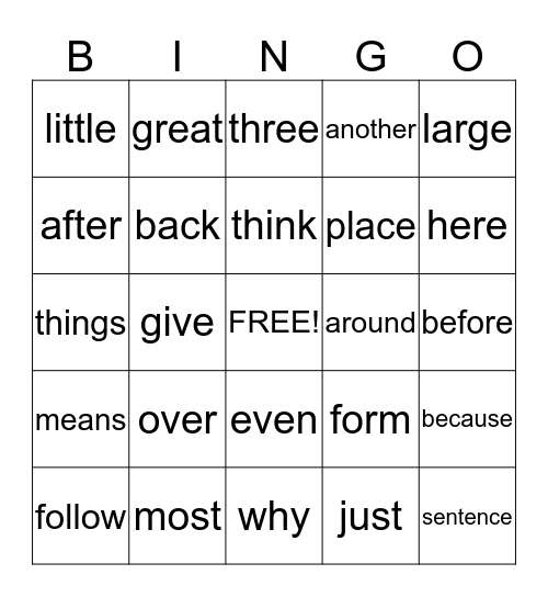 Fry's words 101- 165 Bingo Card