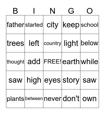 Fry's 201- 230 Bingo Card