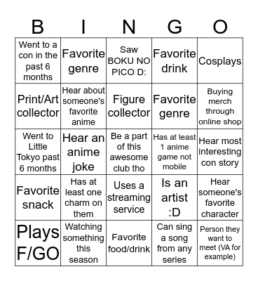 Anime Club IB Bingo Card