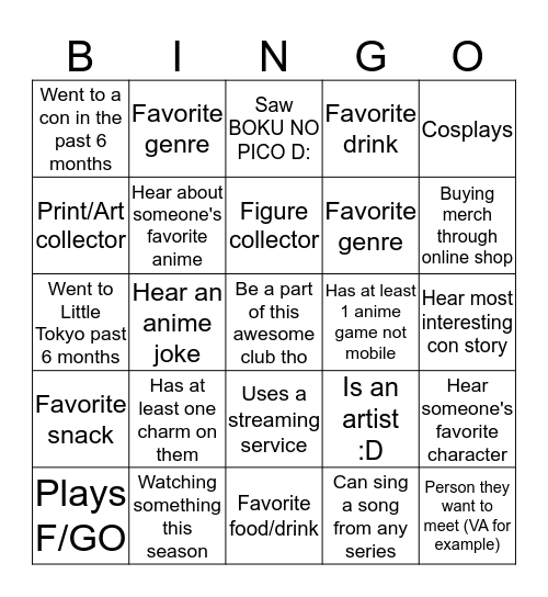 Anime Club IB Bingo Card