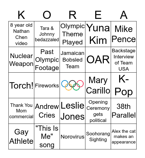 2018 Winter Olympics Opening Ceremony Bingo Card