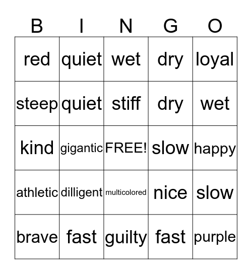 Juliana and D'Cauria Adjective Bingo Game Bingo Card