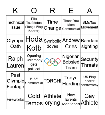 2018 Winter Olympics Opening Ceremony Bingo Card