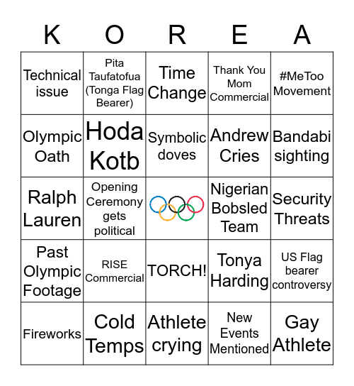 2018 Winter Olympics Opening Ceremony Bingo Card