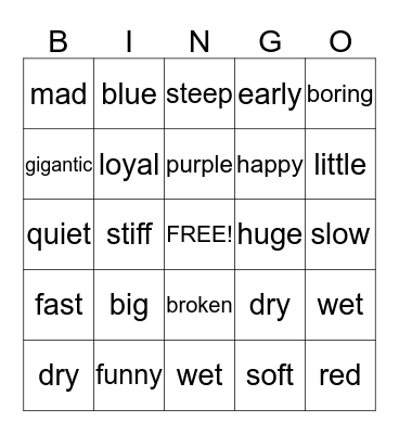 Juliana and D'Cauria Adjective Bingo Game Bingo Card