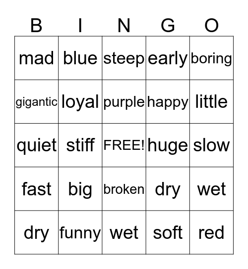 Juliana and D'Cauria Adjective Bingo Game Bingo Card