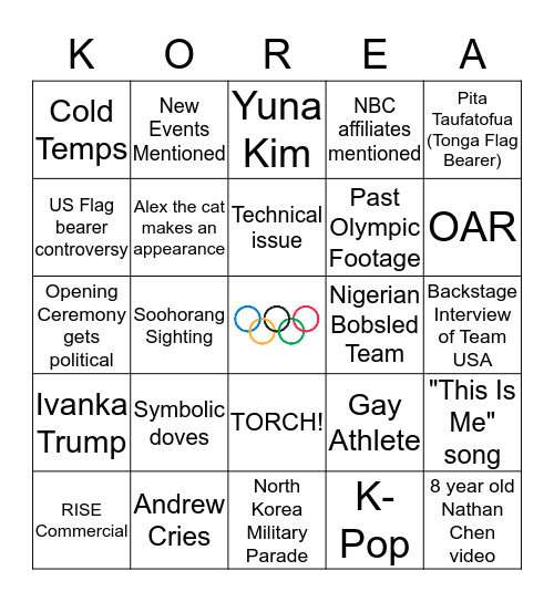 2018 Winter Olympics Opening Ceremony Bingo Card