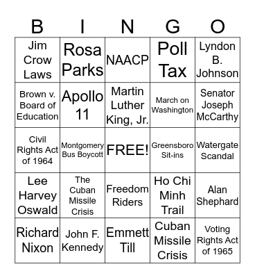 People and Events from 1950-1975 Bingo Card