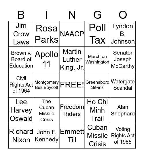 People and Events from 1950-1975 Bingo Card