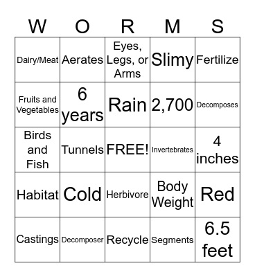 Worm Bingo Card