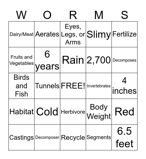 Worm Bingo Card