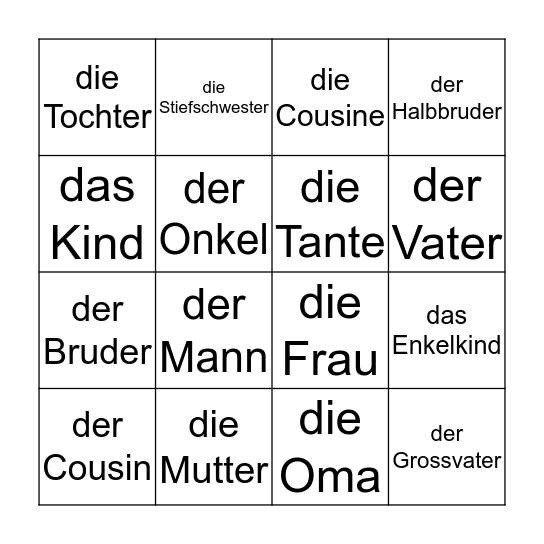 die Familie Bingo Card