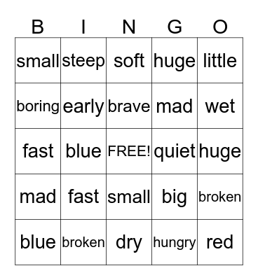 Juliana and D'Cauria's Adjective Bingo Game Bingo Card
