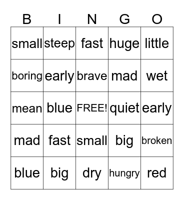 Juliana and D'Cauria's Adjective Bingo Game Bingo Card