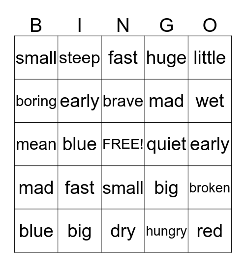 Juliana and D'Cauria's Adjective Bingo Game Bingo Card