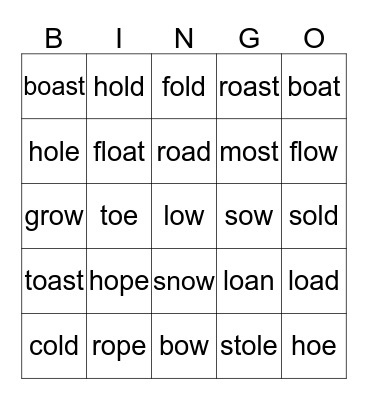 Long O Bingo Card