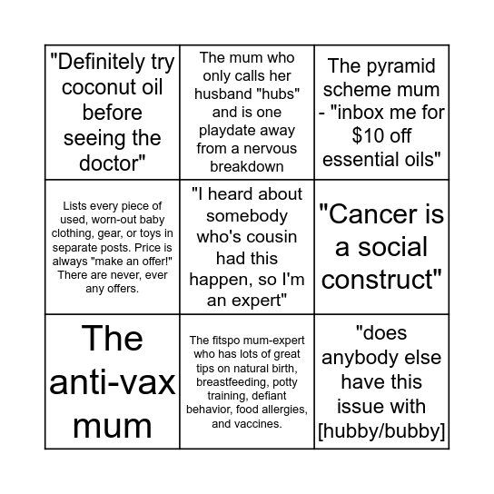 Mum Facebook group bingo Card