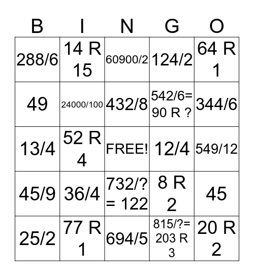 Divison Bingo Card
