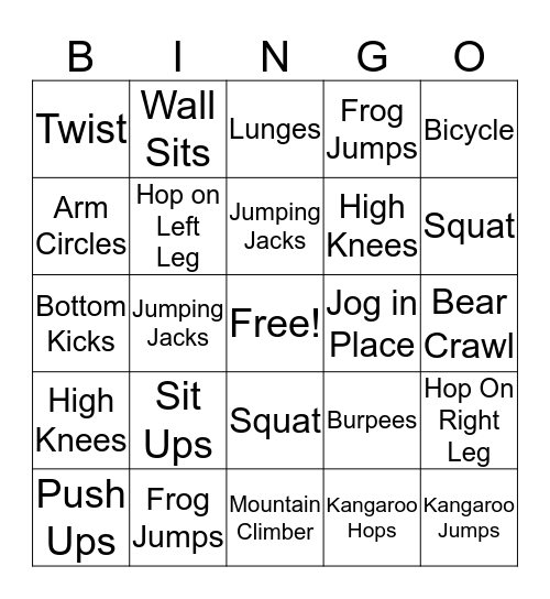 Fitness Bingo Card