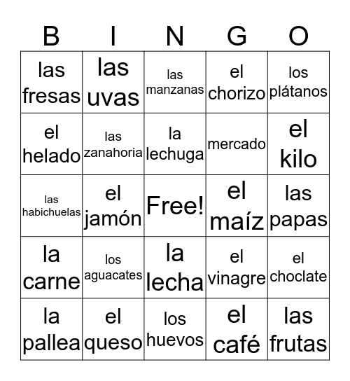 Spanish vocab Bingo Card