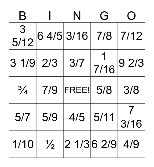 fraction Bingo Card