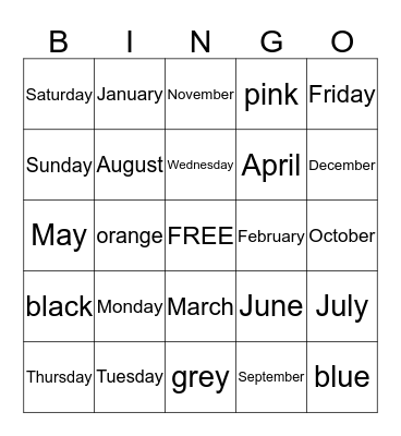Days, Months, and Colors Bingo Card