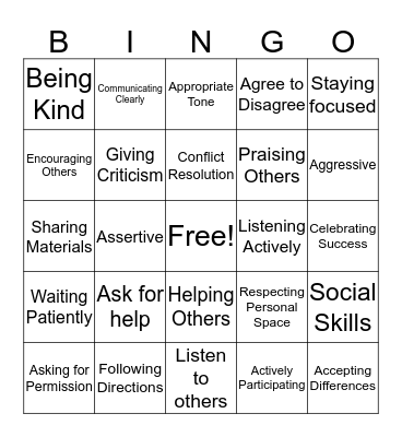 Social Skill BINGO Card