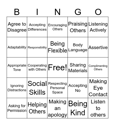 Social Skill BINGO Card