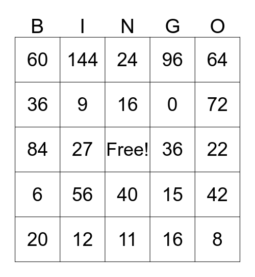 Multiplication Bingo Card