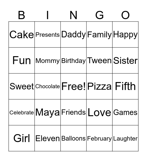 Maya's 11th Birthday Bingo! Bingo Card