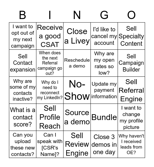 Closer Bingo Card