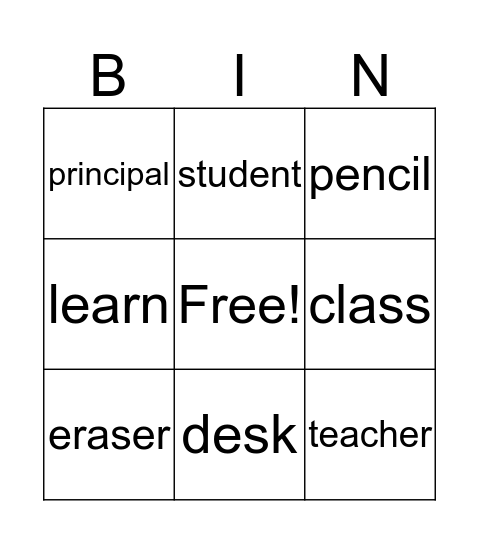 School Bingo Card