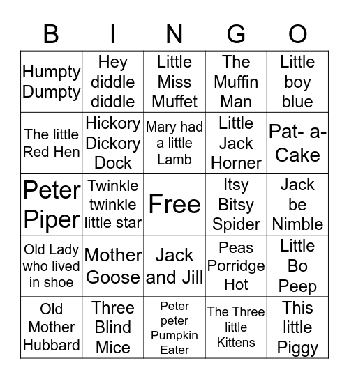 Nursery Rhymes Bingo  Bingo Card