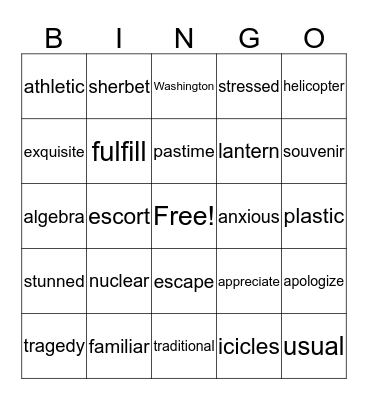 Sixth Grade Spelling Bingo Card