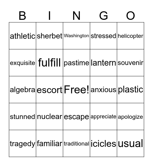 Sixth Grade Spelling Bingo Card