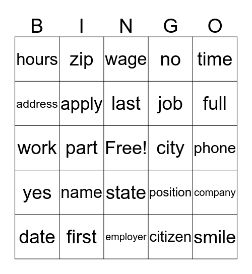 Job Bingo Card