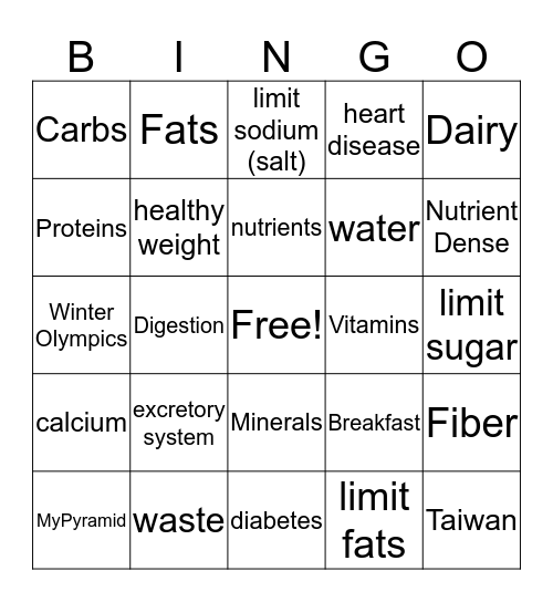 Health and Nutrition Bingo Card