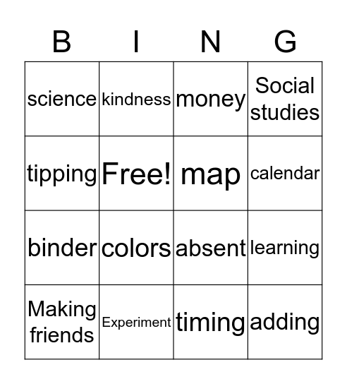 School Bingo Card