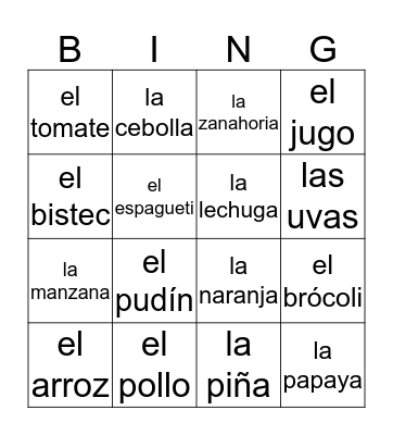 La comida Bingo Card