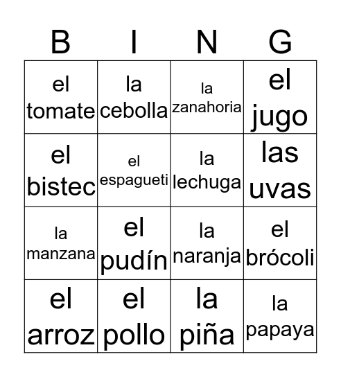 La comida Bingo Card