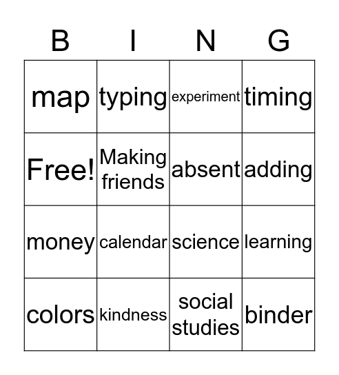 school Bingo Card