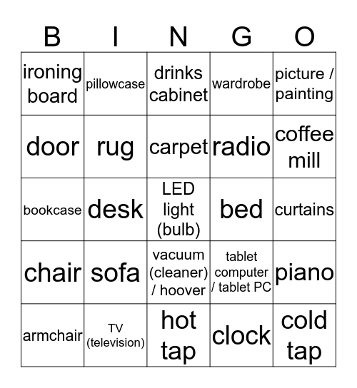 FURNITURE Bingo Card